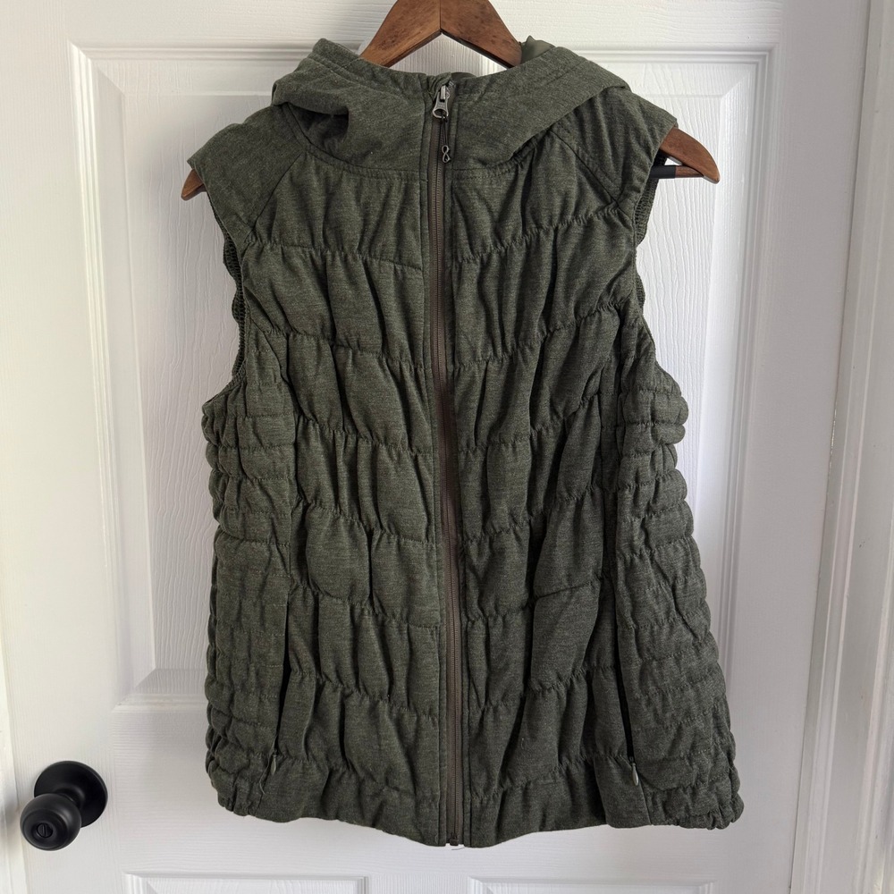 Be By Blanc Noir Womens XL Heathered Olive Green Ruched Hooded Puffer Vest